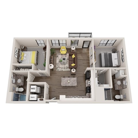 Floor plan for 2 beds, 2 baths, 935 sqft
